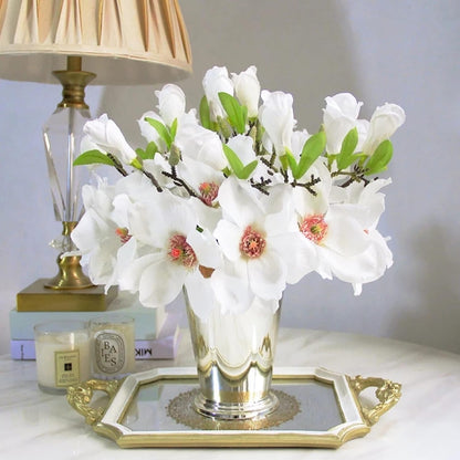 5 Pack Artificial Magnolia Flowers Realistic Silk Magnolia with Green Leaves Real Touch Magnolia Bouquet for Wedding Home Office Table Centerpiece Decor