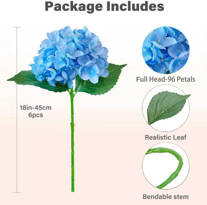 6PCS Blue Hydrangea Artificial Flowers Bouquets, Bulk Silk Hydrangea Heads with Stems, Fake Hydrangeas Flowers Arrangement, Faux Floral Decor for Home Wedding Party