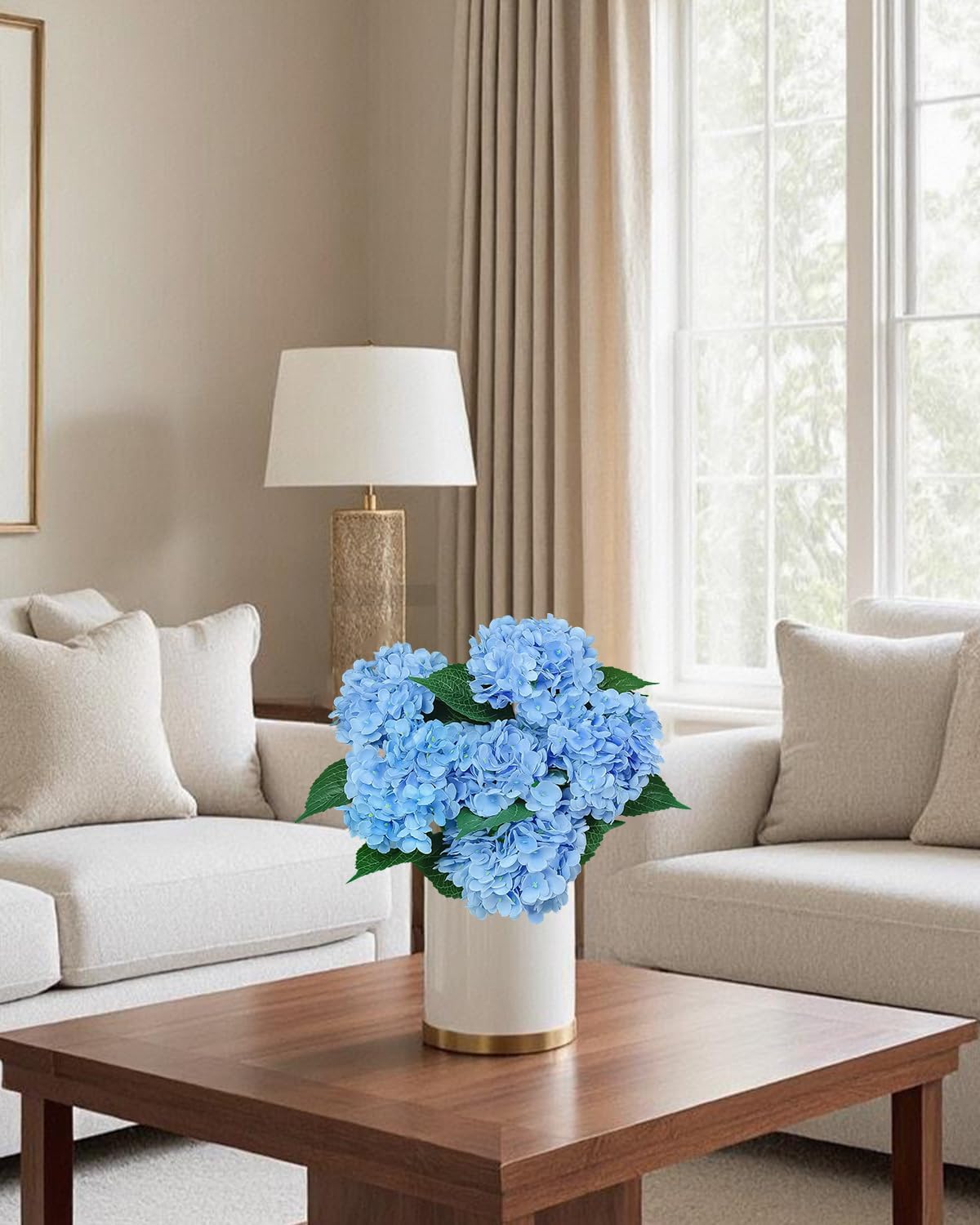 6PCS Blue Hydrangea Artificial Flowers Bouquets, Bulk Silk Hydrangea Heads with Stems, Fake Hydrangeas Flowers Arrangement, Faux Floral Decor for Home Wedding Party