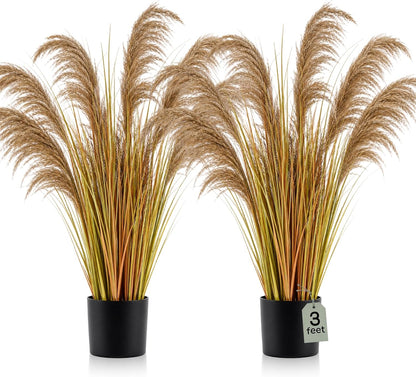 2 Pcs Pampas Grass Potted Plants 4 ft Tall Artificial Grass Potted Artificial Greenery Floor Plants Tall in Pot for Housewarming Gift House Garden Bathroom Lobby Outdoor Decoration (Fall)
