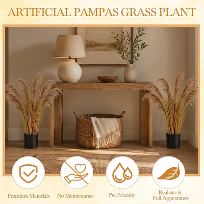 2 Pcs Pampas Grass Potted Plants 4 ft Tall Artificial Grass Potted Artificial Greenery Floor Plants Tall in Pot for Housewarming Gift House Garden Bathroom Lobby Outdoor Decoration (Fall)