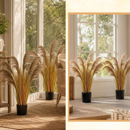 2 Pcs Pampas Grass Potted Plants 4 ft Tall Artificial Grass Potted Artificial Greenery Floor Plants Tall in Pot for Housewarming Gift House Garden Bathroom Lobby Outdoor Decoration (Fall)
