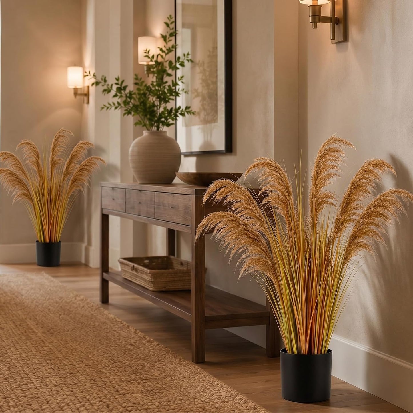 2 Pcs Pampas Grass Potted Plants 4 ft Tall Artificial Grass Potted Artificial Greenery Floor Plants Tall in Pot for Housewarming Gift House Garden Bathroom Lobby Outdoor Decoration (Fall)