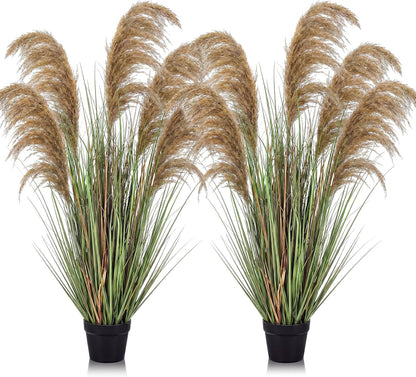 2 Pcs Pampas Grass Potted Plants 4 ft Tall Artificial Grass Potted Artificial Greenery Floor Plants Tall in Pot for Housewarming Gift House Garden Bathroom Lobby Outdoor Decoration (Fall)