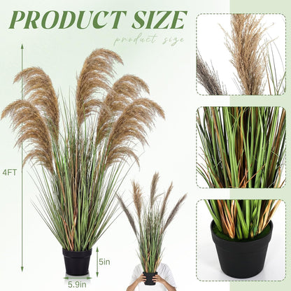 2 Pcs Pampas Grass Potted Plants 4 ft Tall Artificial Grass Potted Artificial Greenery Floor Plants Tall in Pot for Housewarming Gift House Garden Bathroom Lobby Outdoor Decoration (Fall)