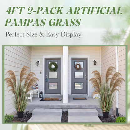 2 Pcs Pampas Grass Potted Plants 4 ft Tall Artificial Grass Potted Artificial Greenery Floor Plants Tall in Pot for Housewarming Gift House Garden Bathroom Lobby Outdoor Decoration (Fall)