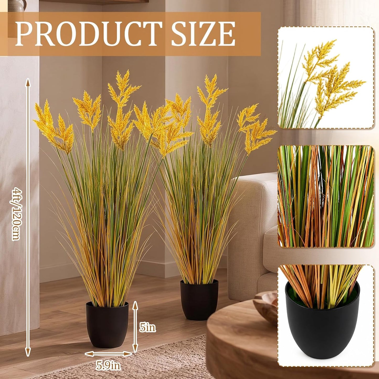 2 Pcs Pampas Grass Potted Plants 4 ft Tall Artificial Grass Potted Artificial Greenery Floor Plants Tall in Pot for Housewarming Gift House Garden Bathroom Lobby Outdoor Decoration (Fall)