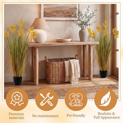 2 Pcs Pampas Grass Potted Plants 4 ft Tall Artificial Grass Potted Artificial Greenery Floor Plants Tall in Pot for Housewarming Gift House Garden Bathroom Lobby Outdoor Decoration (Fall)