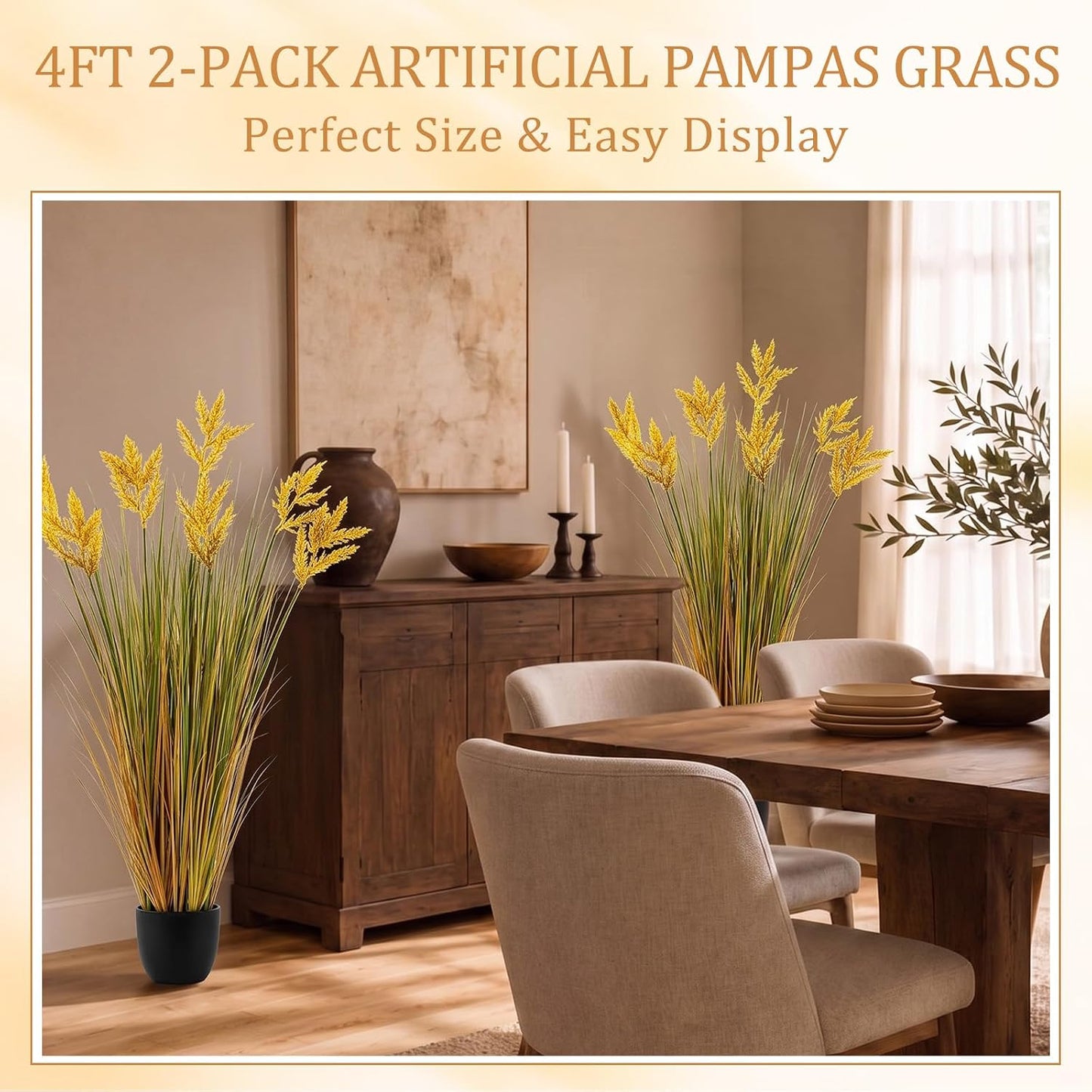 2 Pcs Pampas Grass Potted Plants 4 ft Tall Artificial Grass Potted Artificial Greenery Floor Plants Tall in Pot for Housewarming Gift House Garden Bathroom Lobby Outdoor Decoration (Fall)