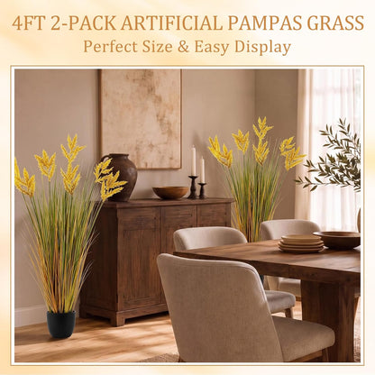 2 Pcs Pampas Grass Potted Plants 4 ft Tall Artificial Grass Potted Artificial Greenery Floor Plants Tall in Pot for Housewarming Gift House Garden Bathroom Lobby Outdoor Decoration (Fall)