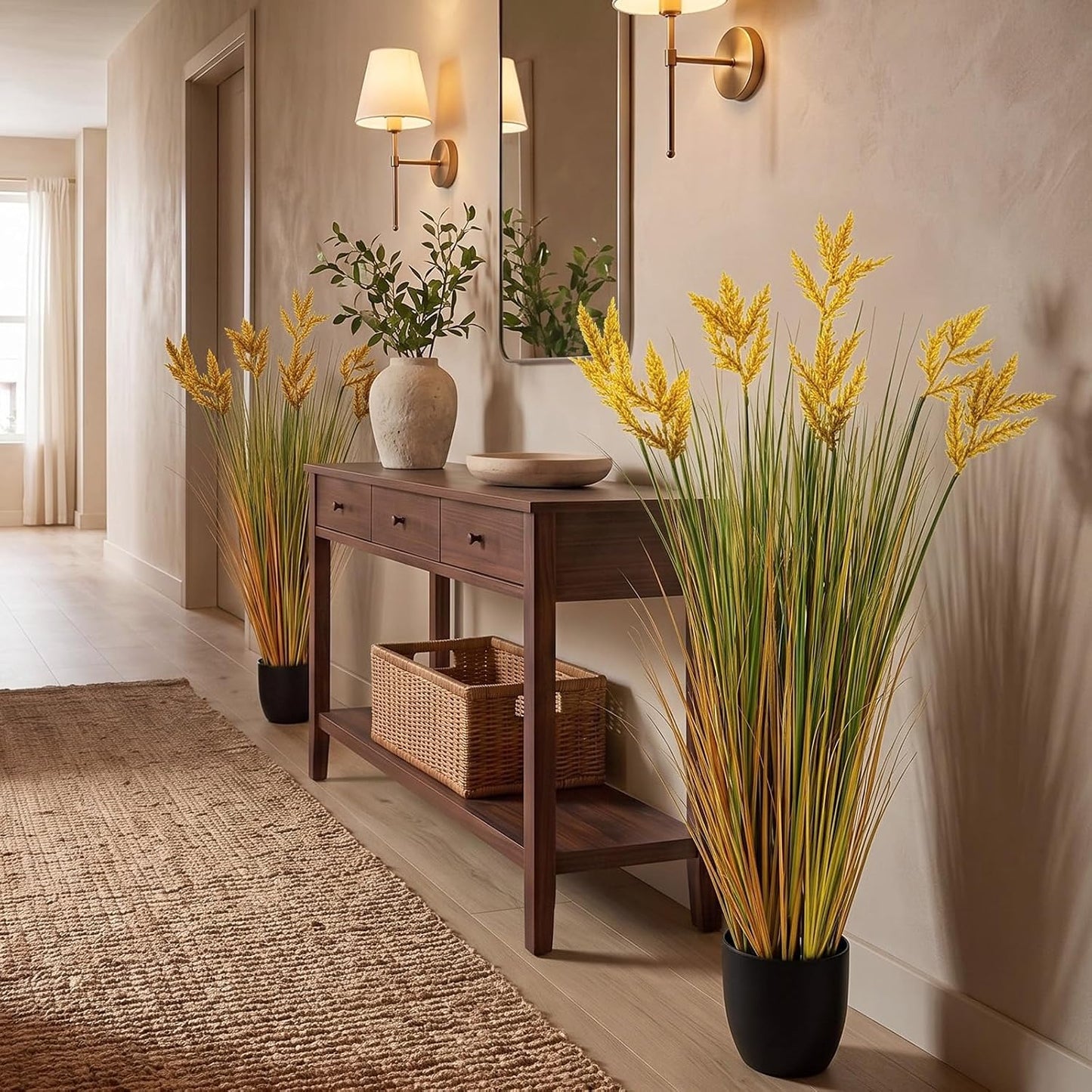 2 Pcs Pampas Grass Potted Plants 4 ft Tall Artificial Grass Potted Artificial Greenery Floor Plants Tall in Pot for Housewarming Gift House Garden Bathroom Lobby Outdoor Decoration (Fall)