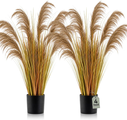 2 Pcs Pampas Grass Potted Plants 4 ft Tall Artificial Grass Potted Artificial Greenery Floor Plants Tall in Pot for Housewarming Gift House Garden Bathroom Lobby Outdoor Decoration (Fall)