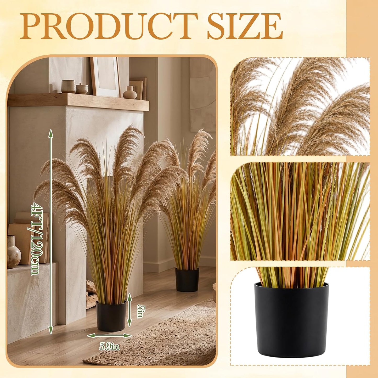 2 Pcs Pampas Grass Potted Plants 4 ft Tall Artificial Grass Potted Artificial Greenery Floor Plants Tall in Pot for Housewarming Gift House Garden Bathroom Lobby Outdoor Decoration (Fall)