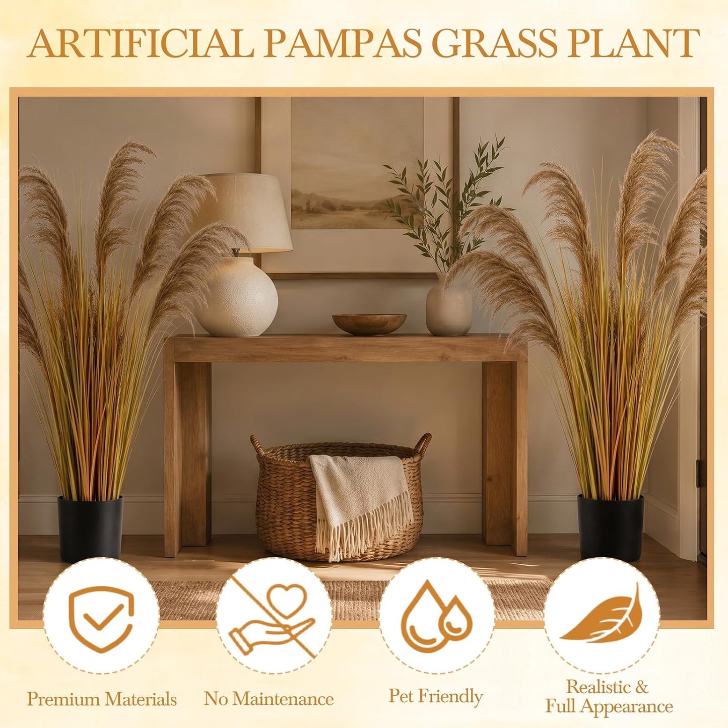 2 Pcs Pampas Grass Potted Plants 4 ft Tall Artificial Grass Potted Artificial Greenery Floor Plants Tall in Pot for Housewarming Gift House Garden Bathroom Lobby Outdoor Decoration (Fall)