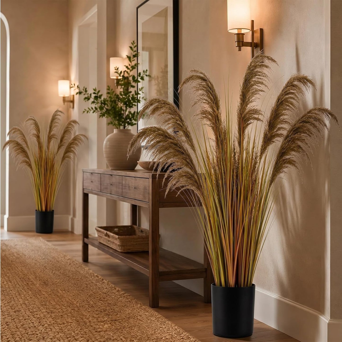 2 Pcs Pampas Grass Potted Plants 4 ft Tall Artificial Grass Potted Artificial Greenery Floor Plants Tall in Pot for Housewarming Gift House Garden Bathroom Lobby Outdoor Decoration (Fall)
