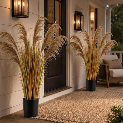 2 Pcs Pampas Grass Potted Plants 4 ft Tall Artificial Grass Potted Artificial Greenery Floor Plants Tall in Pot for Housewarming Gift House Garden Bathroom Lobby Outdoor Decoration (Fall)