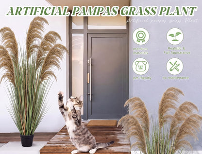 2 Pcs Pampas Grass Potted Plants 4 ft Tall Artificial Grass Potted Artificial Greenery Floor Plants Tall in Pot for Housewarming Gift House Garden Bathroom Lobby Outdoor Decoration (Fall)
