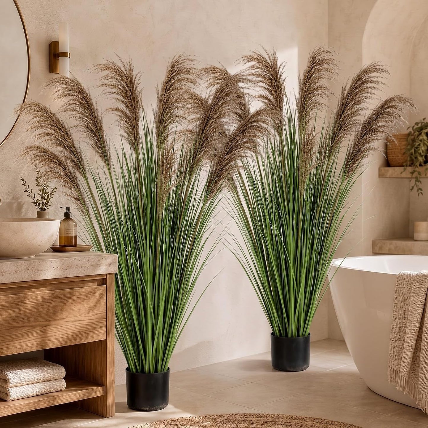 2 Pcs Pampas Grass Potted Plants 4 ft Tall Artificial Grass Potted Artificial Greenery Floor Plants Tall in Pot for Housewarming Gift House Garden Bathroom Lobby Outdoor Decoration (Fall)