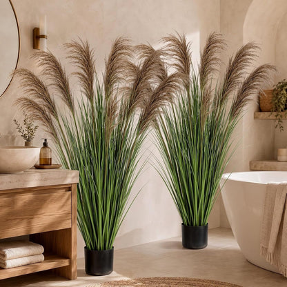 2 Pcs Pampas Grass Potted Plants 4 ft Tall Artificial Grass Potted Artificial Greenery Floor Plants Tall in Pot for Housewarming Gift House Garden Bathroom Lobby Outdoor Decoration (Fall)