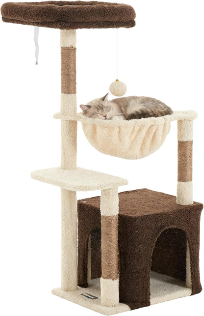 Cat Tree for Indoor Cats, 39.8-inch Cat Tower with 2 Plush Perches for Play & Rest, 1 Cozy Hideaway, Dangling Toy & Full Sisal Scratching Posts for Small Cats, Green