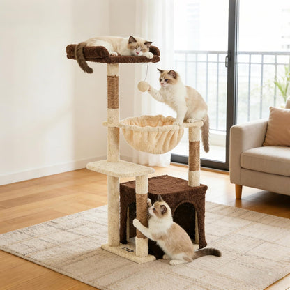 Cat Tree for Indoor Cats, 39.8-inch Cat Tower with 2 Plush Perches for Play & Rest, 1 Cozy Hideaway, Dangling Toy & Full Sisal Scratching Posts for Small Cats, Green