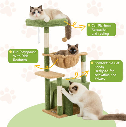 Cat Tree for Indoor Cats, 39.8-inch Cat Tower with 2 Plush Perches for Play & Rest, 1 Cozy Hideaway, Dangling Toy & Full Sisal Scratching Posts for Small Cats, Green