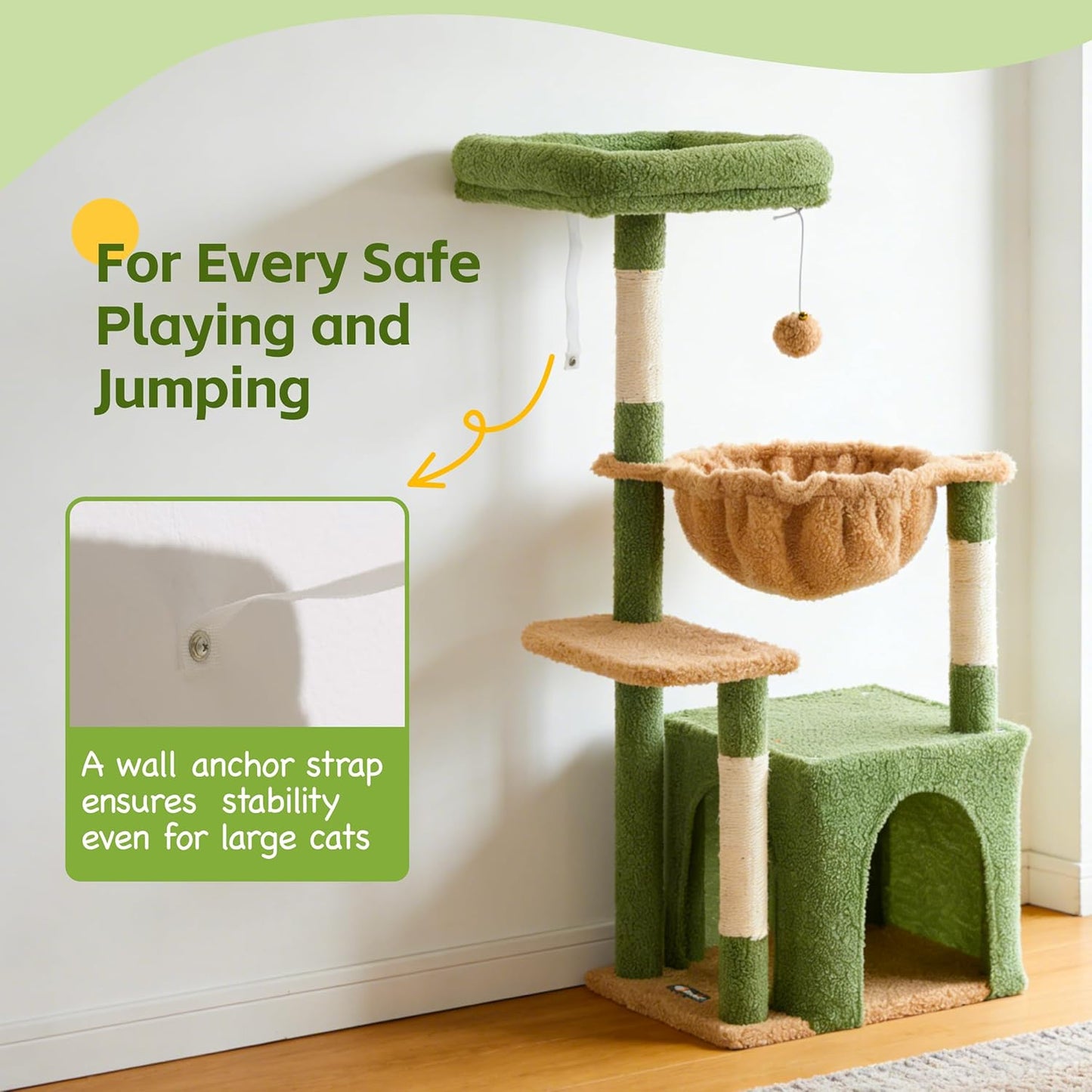 Cat Tree for Indoor Cats, 39.8-inch Cat Tower with 2 Plush Perches for Play & Rest, 1 Cozy Hideaway, Dangling Toy & Full Sisal Scratching Posts for Small Cats, Green