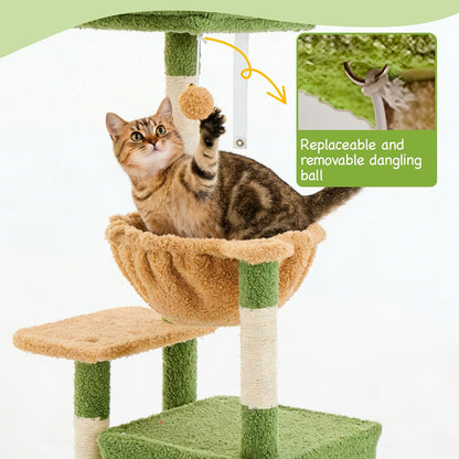 Cat Tree for Indoor Cats, 39.8-inch Cat Tower with 2 Plush Perches for Play & Rest, 1 Cozy Hideaway, Dangling Toy & Full Sisal Scratching Posts for Small Cats, Green