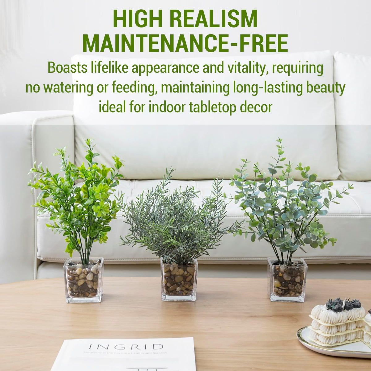 MyGift Artificial Rosemary Eucalyptus and Boxwood Plants Potted in Clear Glass Square Pots, Assorted Faux Greenery Indoor Home Table Centerpiece Office Desk Decor, 3 Piece Set