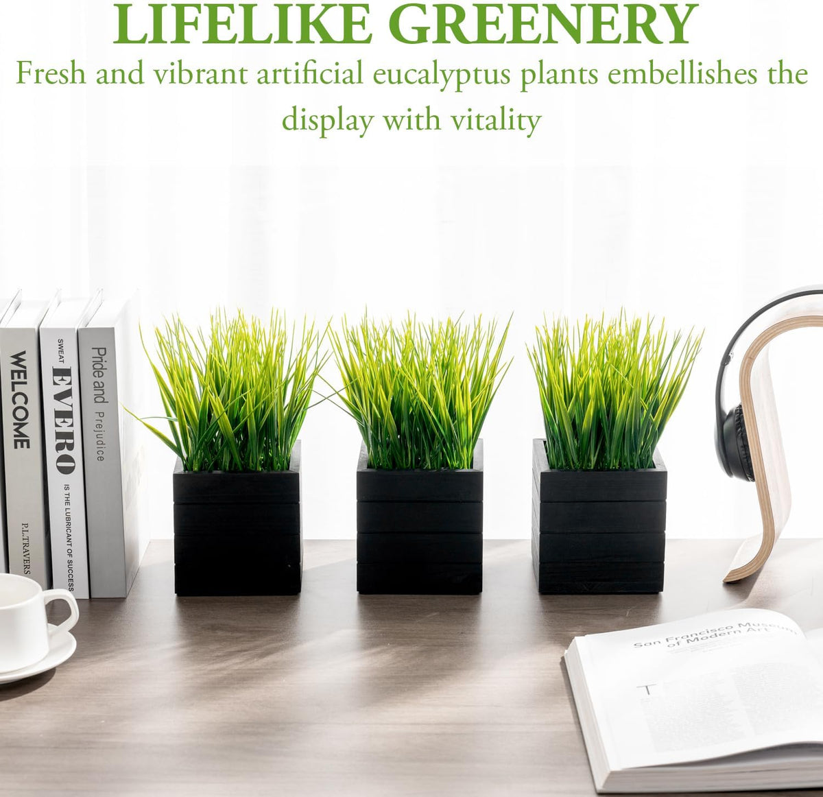 MyGift Artificial Rosemary Eucalyptus and Boxwood Plants Potted in Clear Glass Square Pots, Assorted Faux Greenery Indoor Home Table Centerpiece Office Desk Decor, 3 Piece Set