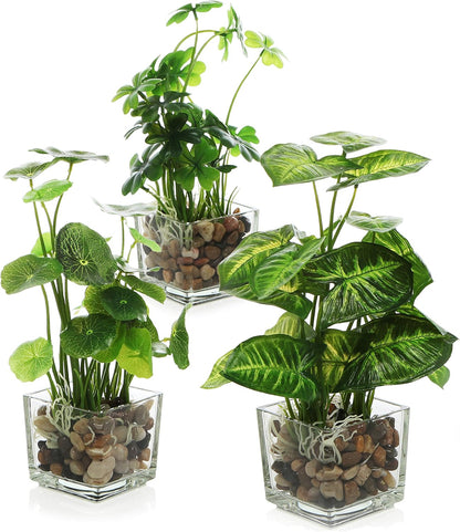 MyGift Artificial Rosemary Eucalyptus and Boxwood Plants Potted in Clear Glass Square Pots, Assorted Faux Greenery Indoor Home Table Centerpiece Office Desk Decor, 3 Piece Set