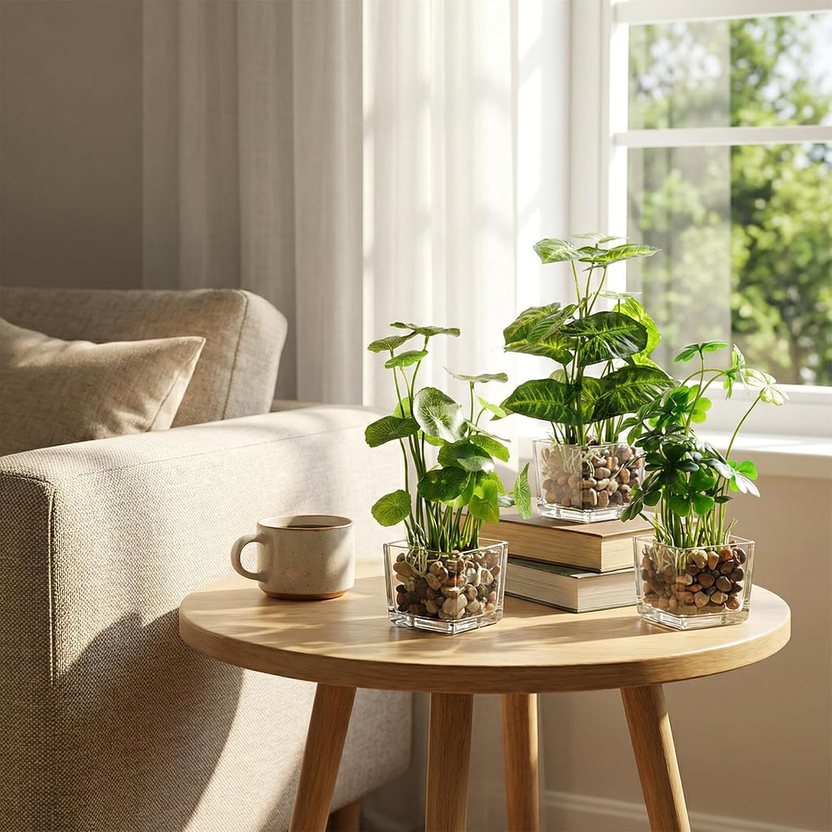 MyGift Artificial Rosemary Eucalyptus and Boxwood Plants Potted in Clear Glass Square Pots, Assorted Faux Greenery Indoor Home Table Centerpiece Office Desk Decor, 3 Piece Set