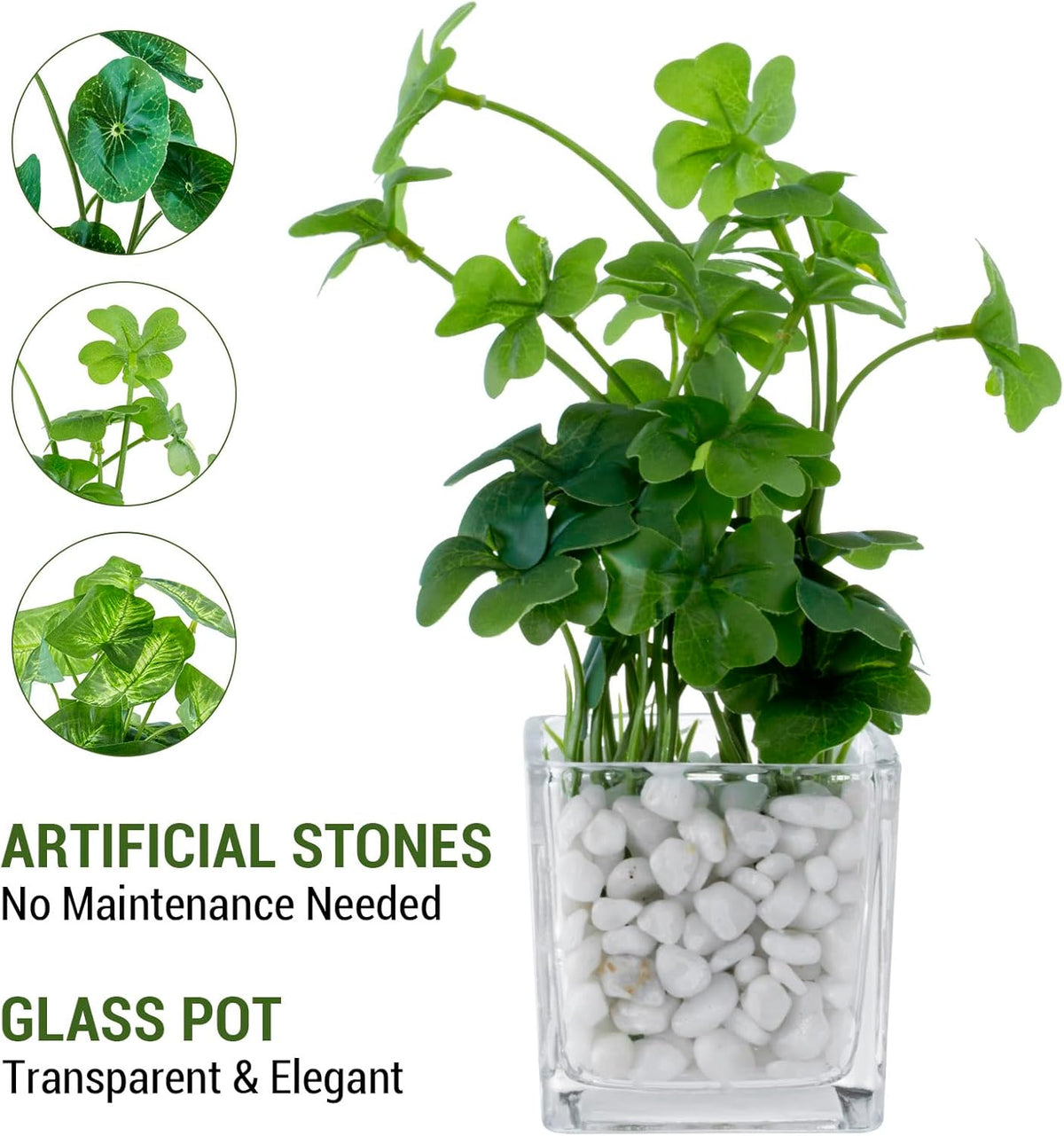 MyGift Artificial Rosemary Eucalyptus and Boxwood Plants Potted in Clear Glass Square Pots, Assorted Faux Greenery Indoor Home Table Centerpiece Office Desk Decor, 3 Piece Set