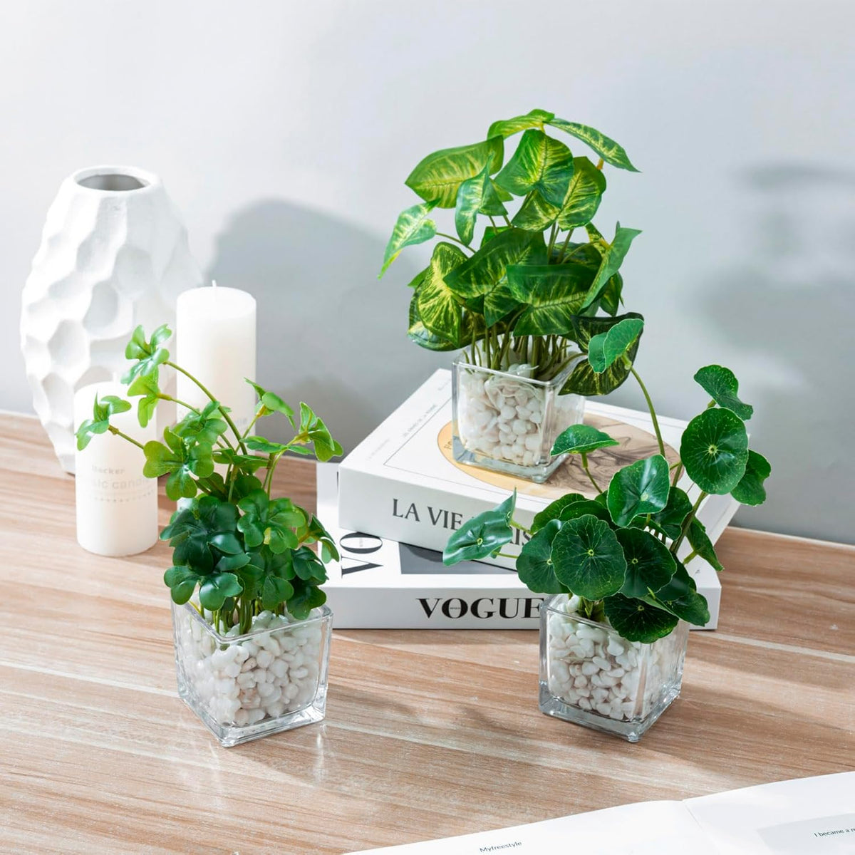 MyGift Artificial Rosemary Eucalyptus and Boxwood Plants Potted in Clear Glass Square Pots, Assorted Faux Greenery Indoor Home Table Centerpiece Office Desk Decor, 3 Piece Set