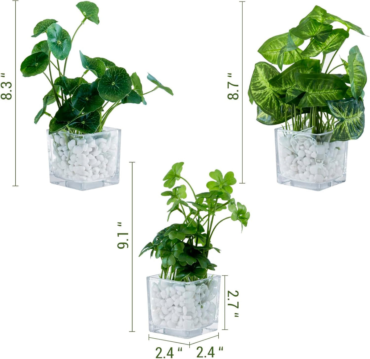 MyGift Artificial Rosemary Eucalyptus and Boxwood Plants Potted in Clear Glass Square Pots, Assorted Faux Greenery Indoor Home Table Centerpiece Office Desk Decor, 3 Piece Set