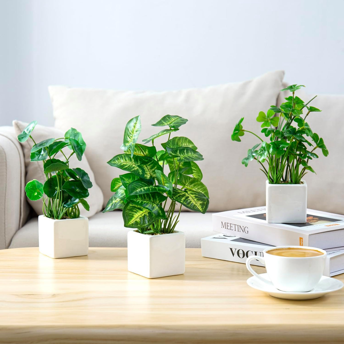 MyGift Artificial Rosemary Eucalyptus and Boxwood Plants Potted in Clear Glass Square Pots, Assorted Faux Greenery Indoor Home Table Centerpiece Office Desk Decor, 3 Piece Set