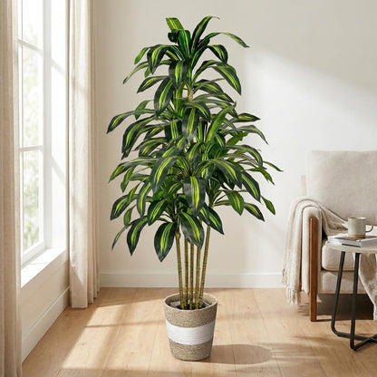 5FT Artificial Dracaena Tree - Tall Faux Dracaena with White Planter, Artificial Plants Indoor, Fake Plant Build Boho-Chic Basket, Fake Tree for Outdoor Home Office Decor