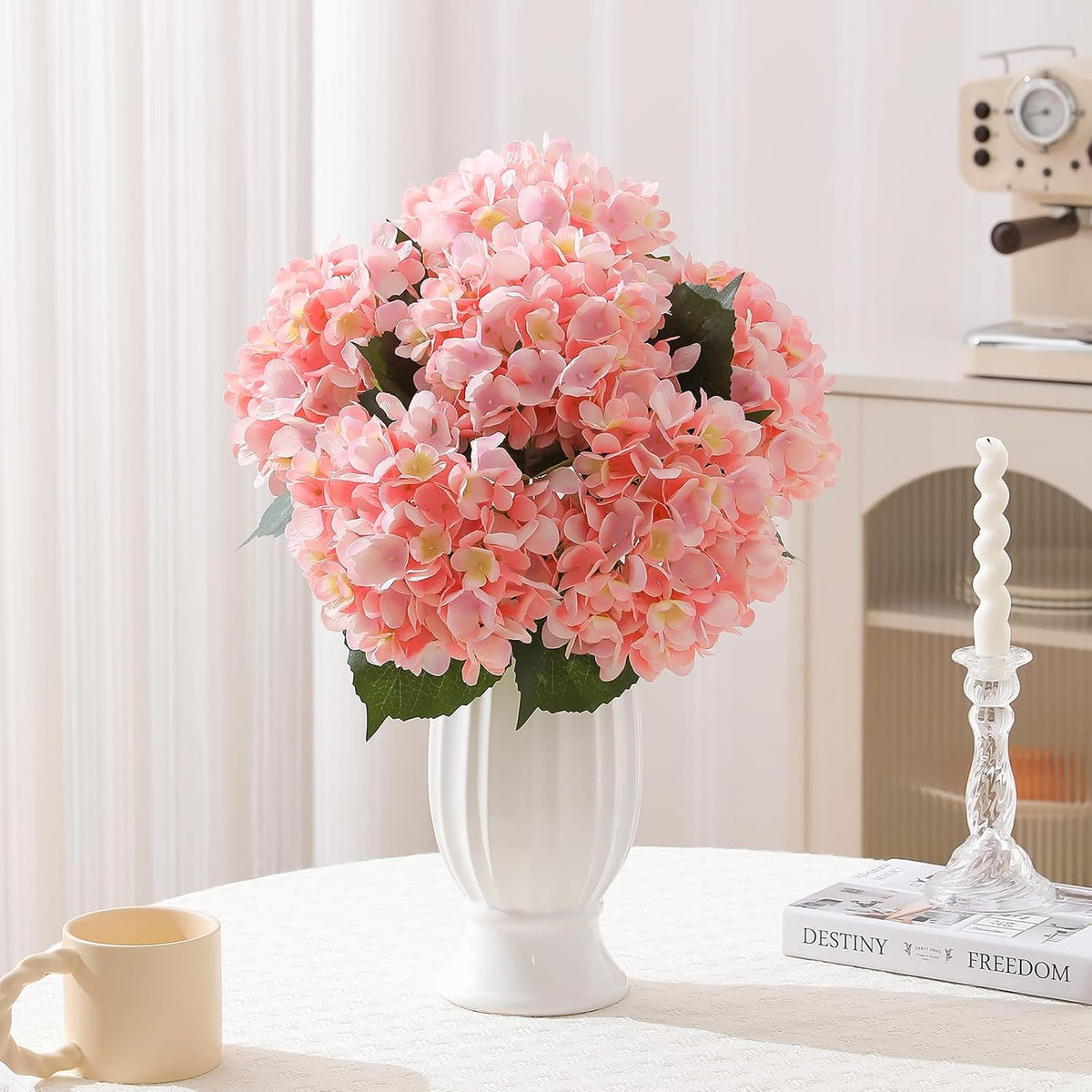 6pcs White Hydrangea Artificial Flowers - Faux Hydrangea Flowers, Fake Silk Flowers for Table Centerpiece, Silk Hydrangea Flowers with Stems for Home Wedding Party Decor