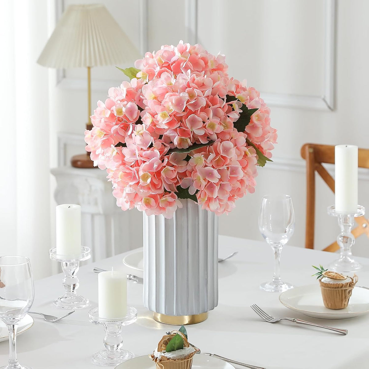 6pcs White Hydrangea Artificial Flowers - Faux Hydrangea Flowers, Fake Silk Flowers for Table Centerpiece, Silk Hydrangea Flowers with Stems for Home Wedding Party Decor