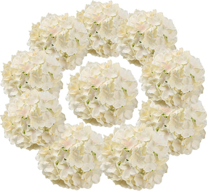 Silk Hydrangea Heads Artificial Flowers Heads with Stems for Home Wedding Decor,Pack of 10 (White)