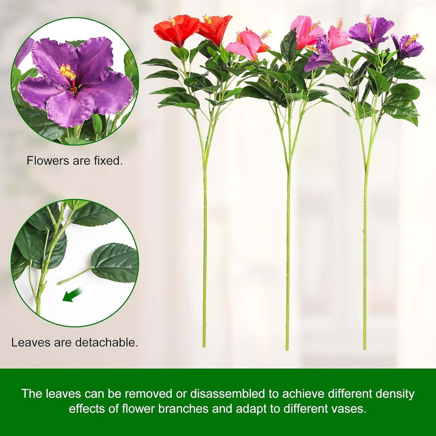 3PCS 30in Silk Artificial Hibiscus Flower Branches Tropical Flowers | Fake Hawaiian Flowers Large Buds with Bendable Detachable Stems for Small and Tall Vases Home Wedding Decor, Red Pink Purple