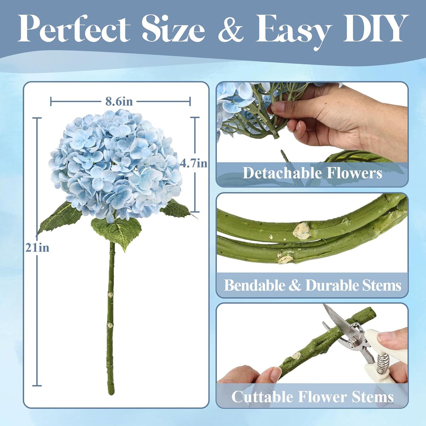 3Pcs 21" Blue Hydrangea Artificial Flowers Real Touch Latex Fake Hydrangeas | Realistic Latex Faux Hydrangeas Flowers Full Fake Hydrangeas for Home Wedding Floral Arrangements Centerpieces Outdoor Decor