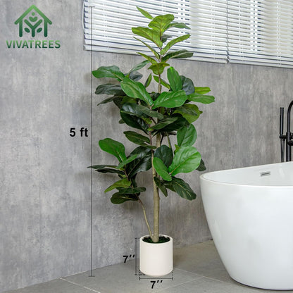 VIVATREES 5FT Fiddle Leaf Fig Artificial Tree with White Planter Pot,Faux Floor Plant, Indoor and Outdoor Fake Plants for Home Office Decor