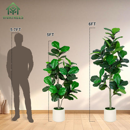VIVATREES 5FT Fiddle Leaf Fig Artificial Tree with White Planter Pot,Faux Floor Plant, Indoor and Outdoor Fake Plants for Home Office Decor