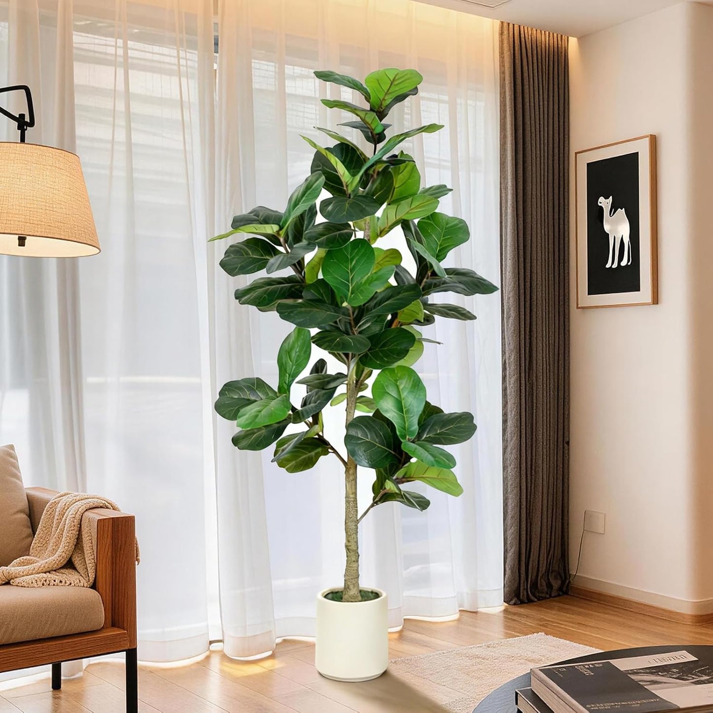 VIVATREES 5FT Fiddle Leaf Fig Artificial Tree with White Planter Pot,Faux Floor Plant, Indoor and Outdoor Fake Plants for Home Office Decor