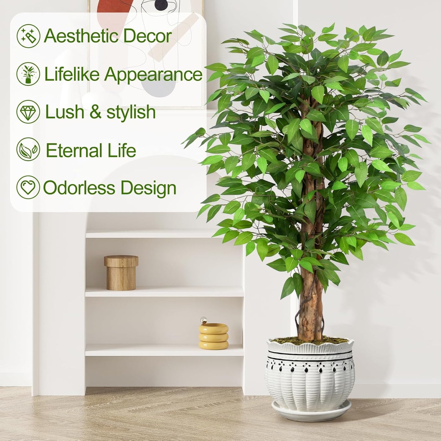 6.2ft Ficus Artificial Trees with 3 Natural Curved Trunks, 74" Tall Lush Faux Tree for Home Decor Indoor, Green Lifelike Fake Ficus Tree Artificial Plants