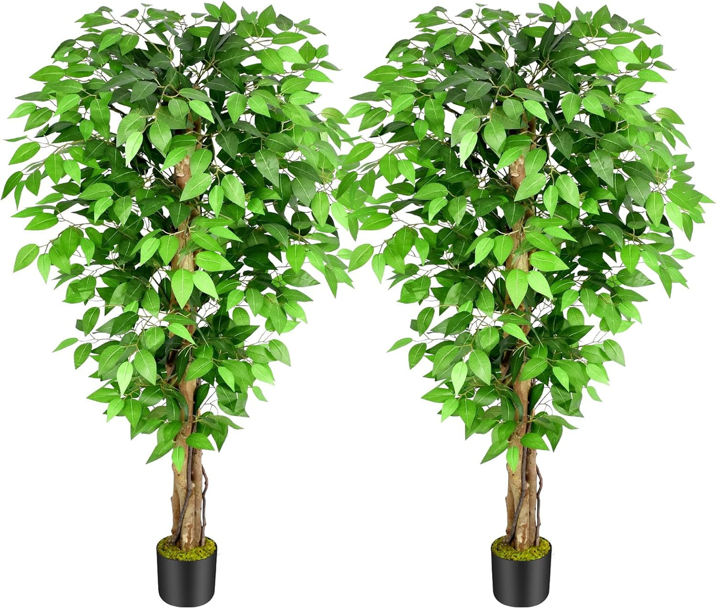 6.2ft Ficus Artificial Trees with 3 Natural Curved Trunks, 74" Tall Lush Faux Tree for Home Decor Indoor, Green Lifelike Fake Ficus Tree Artificial Plants