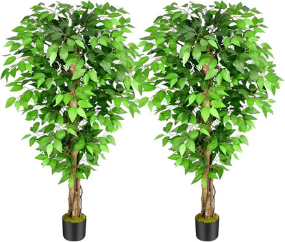 6.2ft Ficus Artificial Trees with 3 Natural Curved Trunks, 74" Tall Lush Faux Tree for Home Decor Indoor, Green Lifelike Fake Ficus Tree Artificial Plants