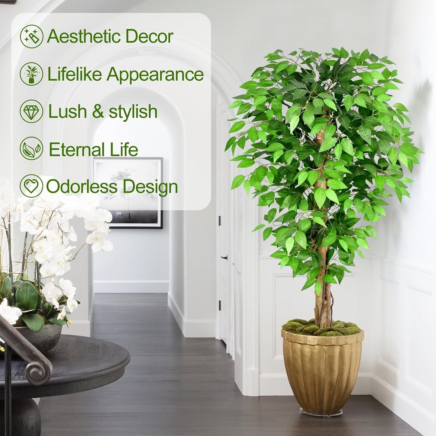 6.2ft Ficus Artificial Trees with 3 Natural Curved Trunks, 74" Tall Lush Faux Tree for Home Decor Indoor, Green Lifelike Fake Ficus Tree Artificial Plants