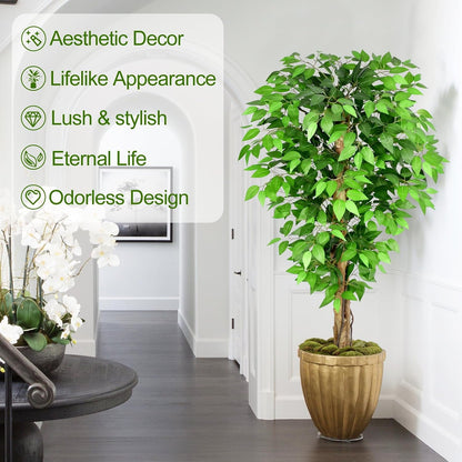 6.2ft Ficus Artificial Trees with 3 Natural Curved Trunks, 74" Tall Lush Faux Tree for Home Decor Indoor, Green Lifelike Fake Ficus Tree Artificial Plants